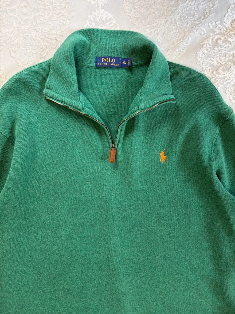 Polo Ralph Lauren Estate Quarter Zip Pullover Sweater Green Orange Pony Size XL